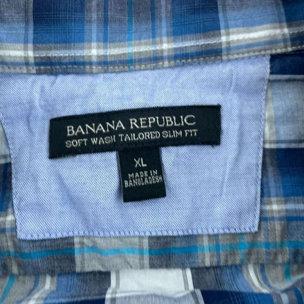 Banana Republic Mens Blue & White Plaid Soft Wash Slim Fit Shirt XL 5386